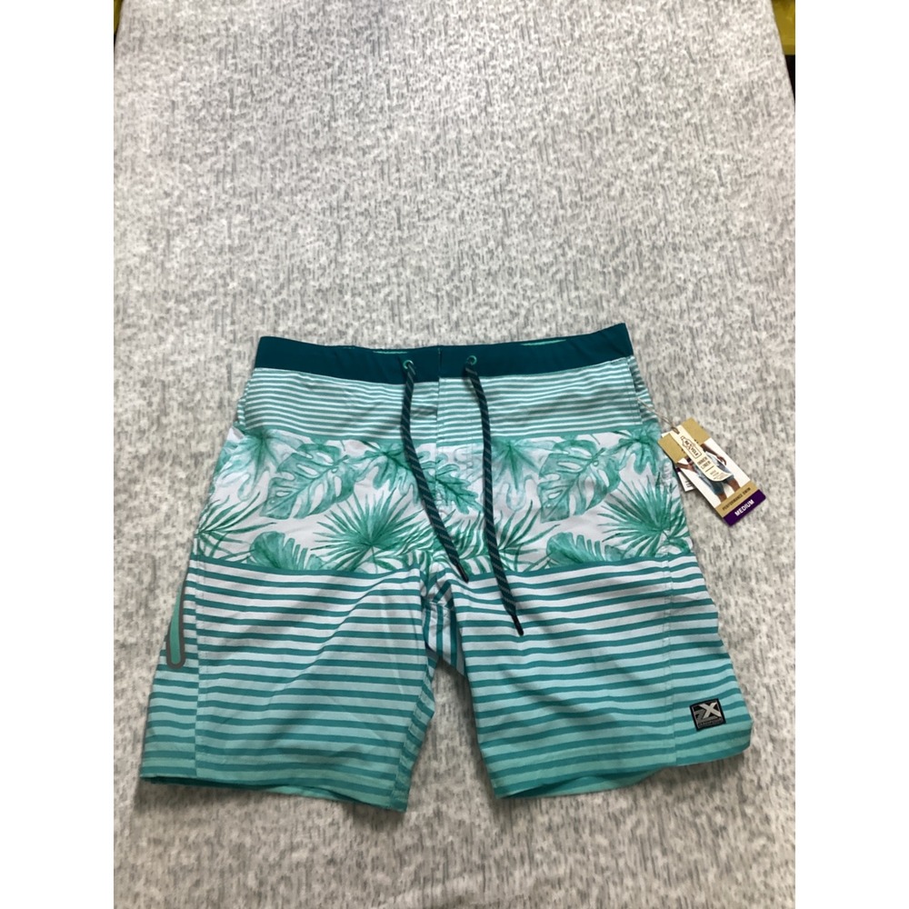 ZeroXposur Mens Performance Swim Trunks Teal Palm Stripe Wave Zion‎ Medium NWT